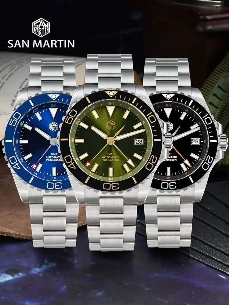 San Martin SN0136 39mm Diver GMT Watch Enamel Dial NH34 Stainless Steel Luxury Men Watch Automatic Mechanical Sapphire Luminous