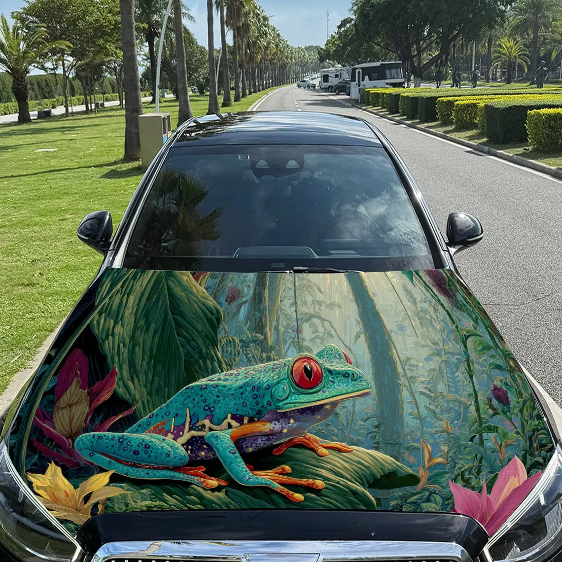 

Tropical Forest Frog PVC Car Hood Wraps, Self-Adhesive Waterproof Car Bonnet Decal Sticker, Car Decoration Protection Stickers f