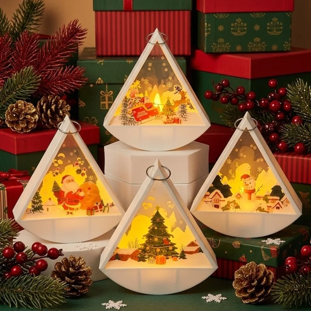 Cute LED Christmas Lamp Plastic Electronic Night Light Small Tabletop Triangular Lantern Party