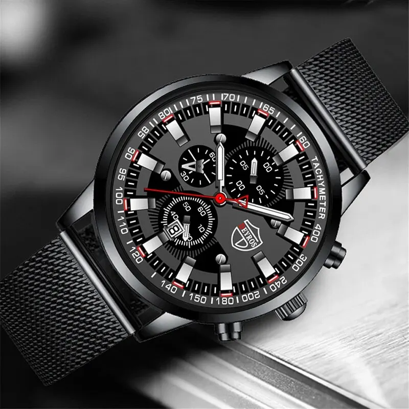 DEYROS Luxury Mens Business Stainless Steel Mesh Belt Quartz Wristwatch Calendar Fashion Men Casual Sports Watch for Men Gift