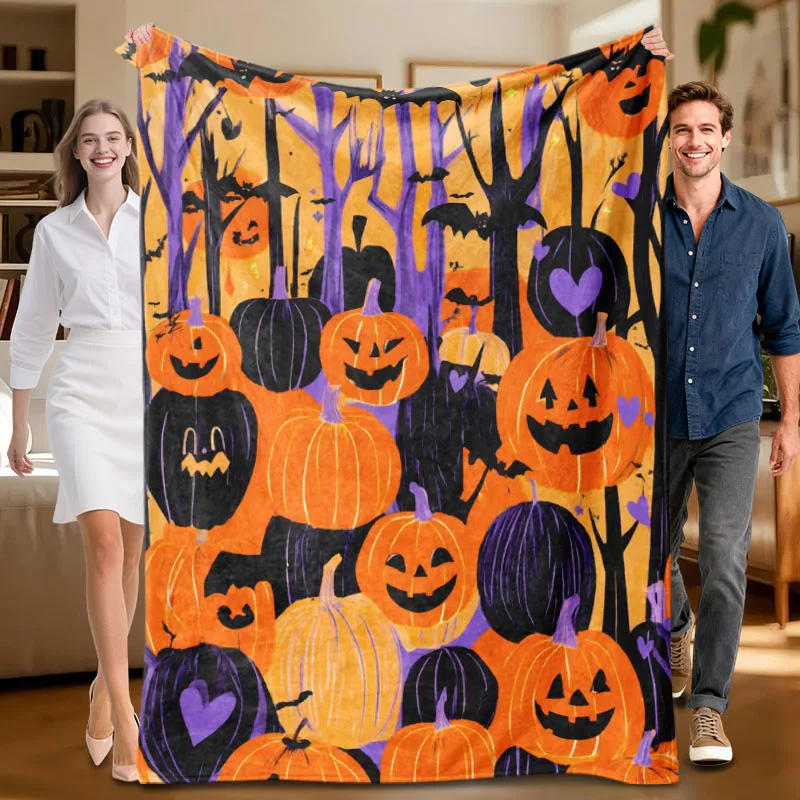 

Цельное оранжевое и фиолетовое фланелевое одеяло на тему Хэллоуина, мягкое, подходит для дивана, кровати, офиса, всесезонного использования.