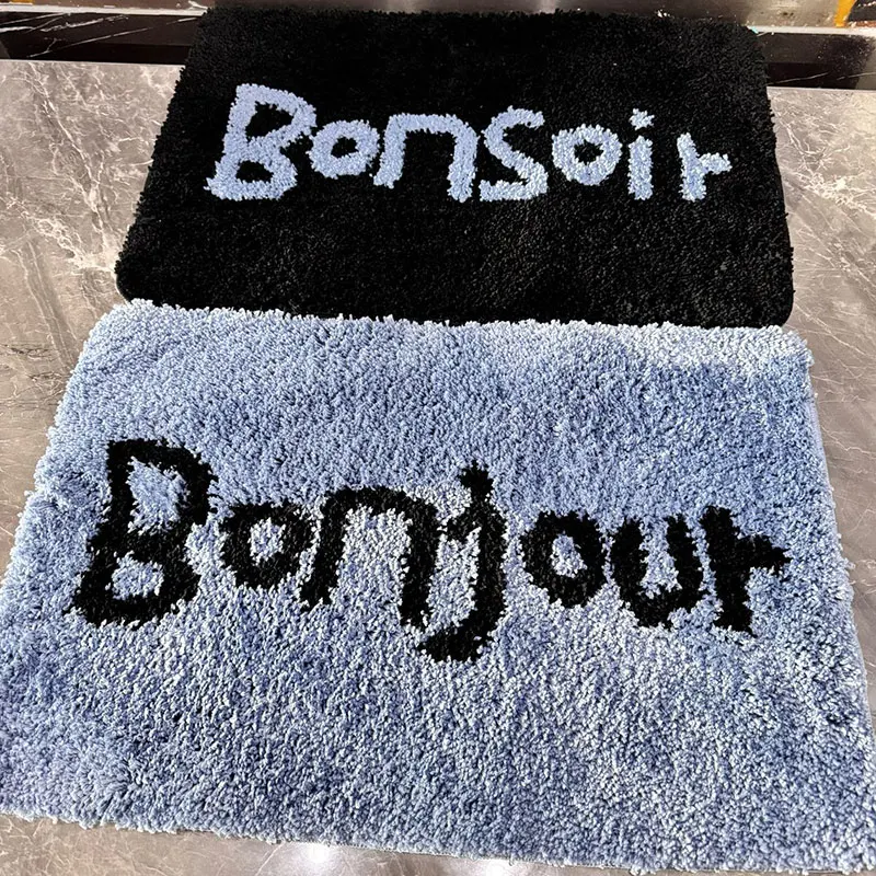 Bonjour Tufted Rug Black And Blue Bonsoir Carpet Bath Mat Art Soft Fluffy Minimalist English Letters Home Decoration Rugs
