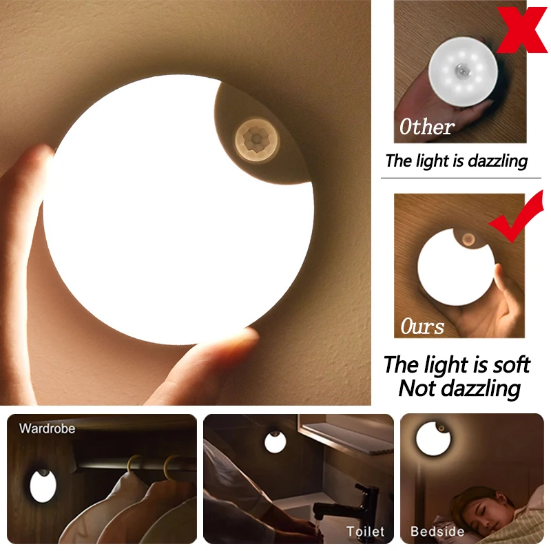 1PCS Motion Sensor Light Dimmable Wireless Night Lights LED Lighting Room Decor Chargeable Moon Lamp for Bedroom Wardrobe Stairs