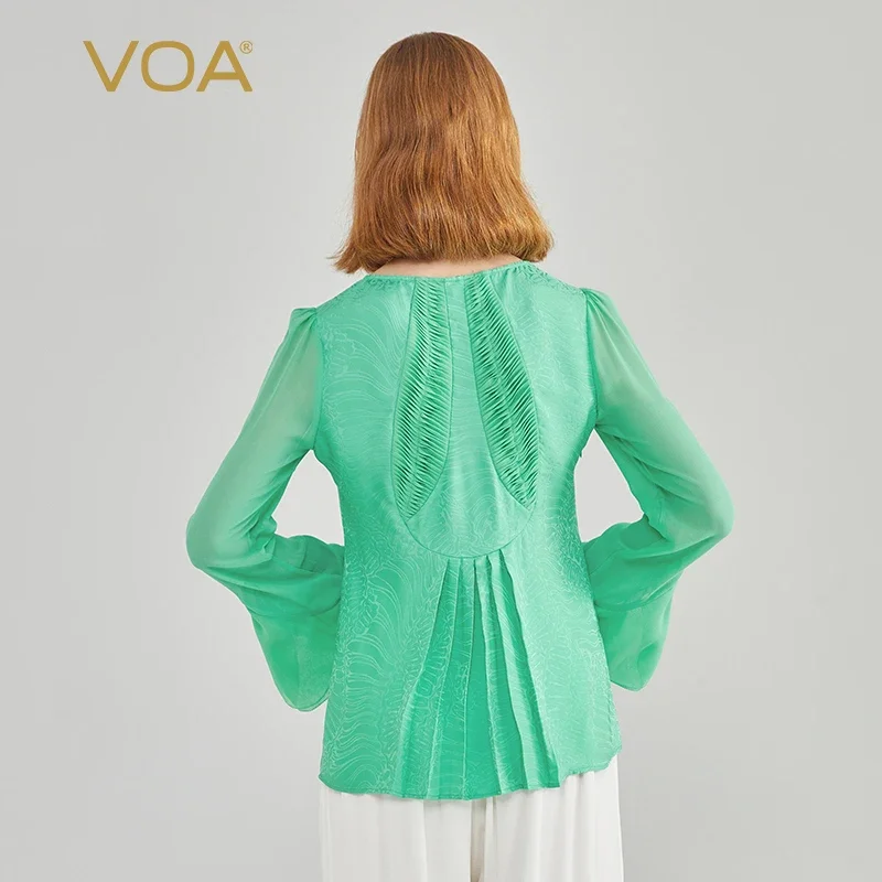 VOA Silk 20 Momme Jacquard O-neck Horn Long Sleeve Tops Women Tucker Pleated Spring Green Fashion Silk Original T-shirt BE1563