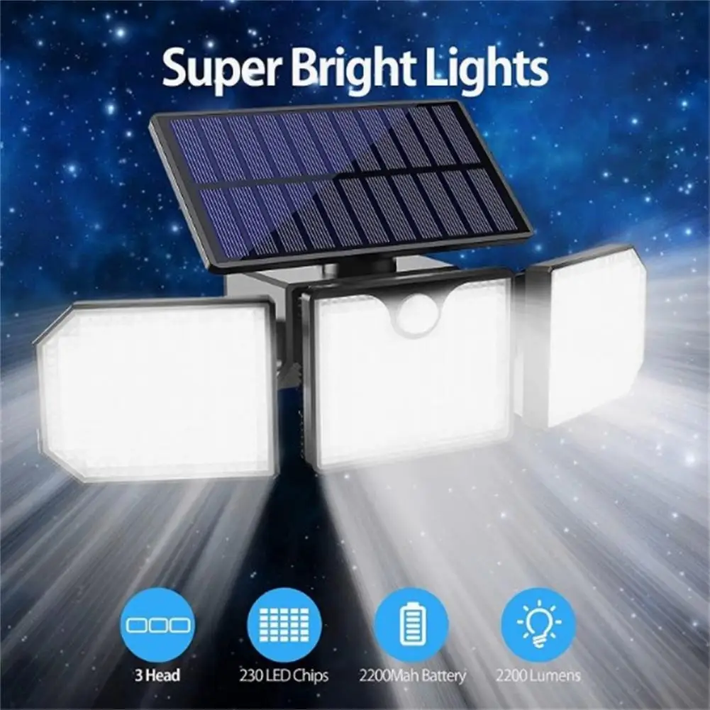 Lampe de sécurité solaire à 3 têtes avec détecteur de mouvement, budgétaire, support de lampe réglable, applique murale extérieure, étanche IP65, 90000LM