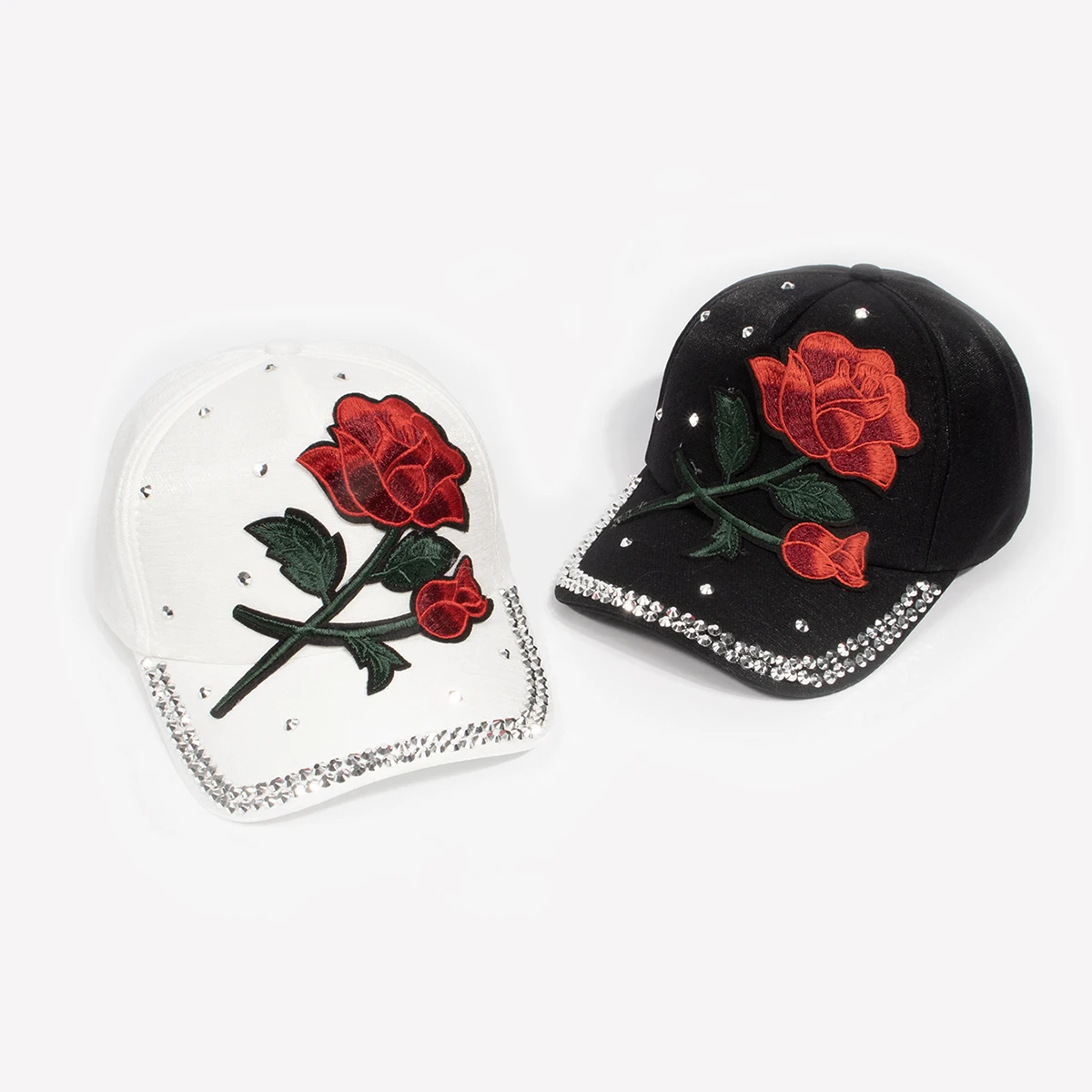 Damen Vintage Baseballkappe mit Großer Rosen-Dekoration Strass-Verzierung Modische Mütze Elegante Rosenblüten-Krone Kopfbedeckung Caps – Detail 1