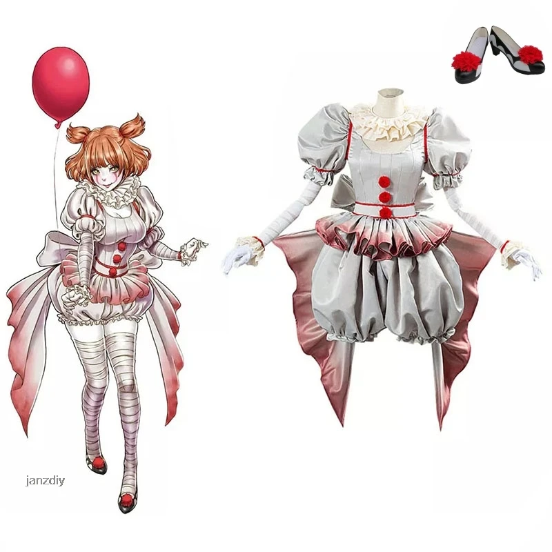 Movie Clown Pennywise Cosplay Costume Halloween Girls Outfit Horror Lolita Dress Up Women Fantasy Dress Carnival Party Full Set