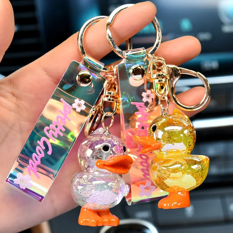 New Acrylic Magic Crystal Duck Key Chain Printing Leather Rope Doll Bag Pendant Charms Keychains Wholesale