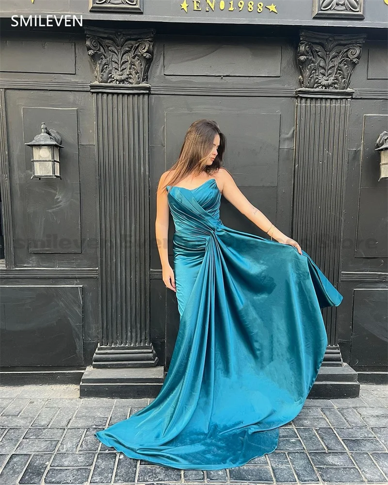 Smileven Blue Mermaid Prom Dresses Sleeveless Evening Gowns Spaghetti Strap Pleats Wedding Party Dress 2024 Customized