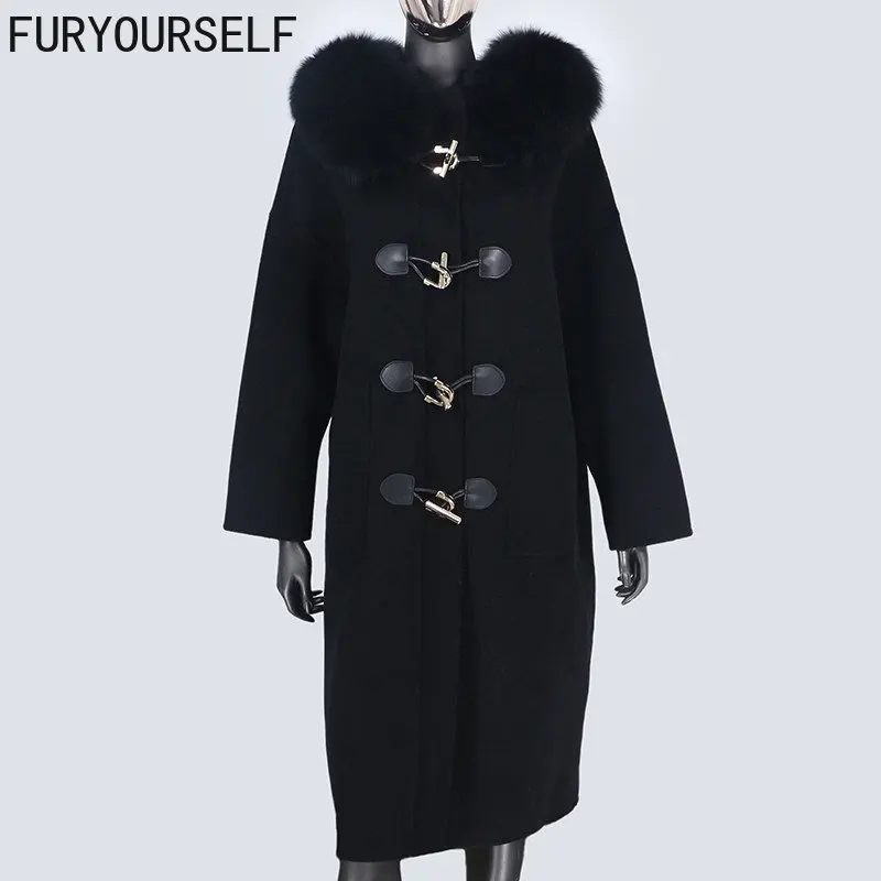 

FURYOURSELF Real Fur Coat Winter Jacket Women Natural Fox Fur Collar Hooded Cashmere Wool Blends Long Outerwear Horn Button New