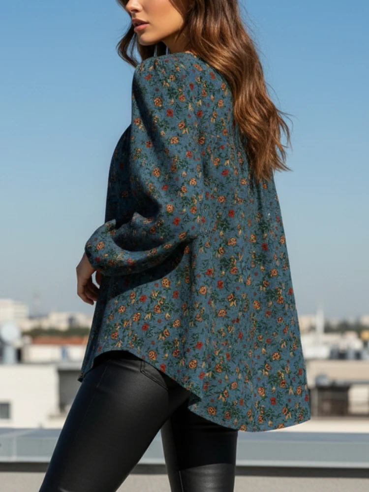 

ZANZEA Elegant Floral Blouses Women Autumn Long Puff Sleeve O-Neck Gathered Loose Tops Cotton Linen Casual Everyday Wear S-3XL