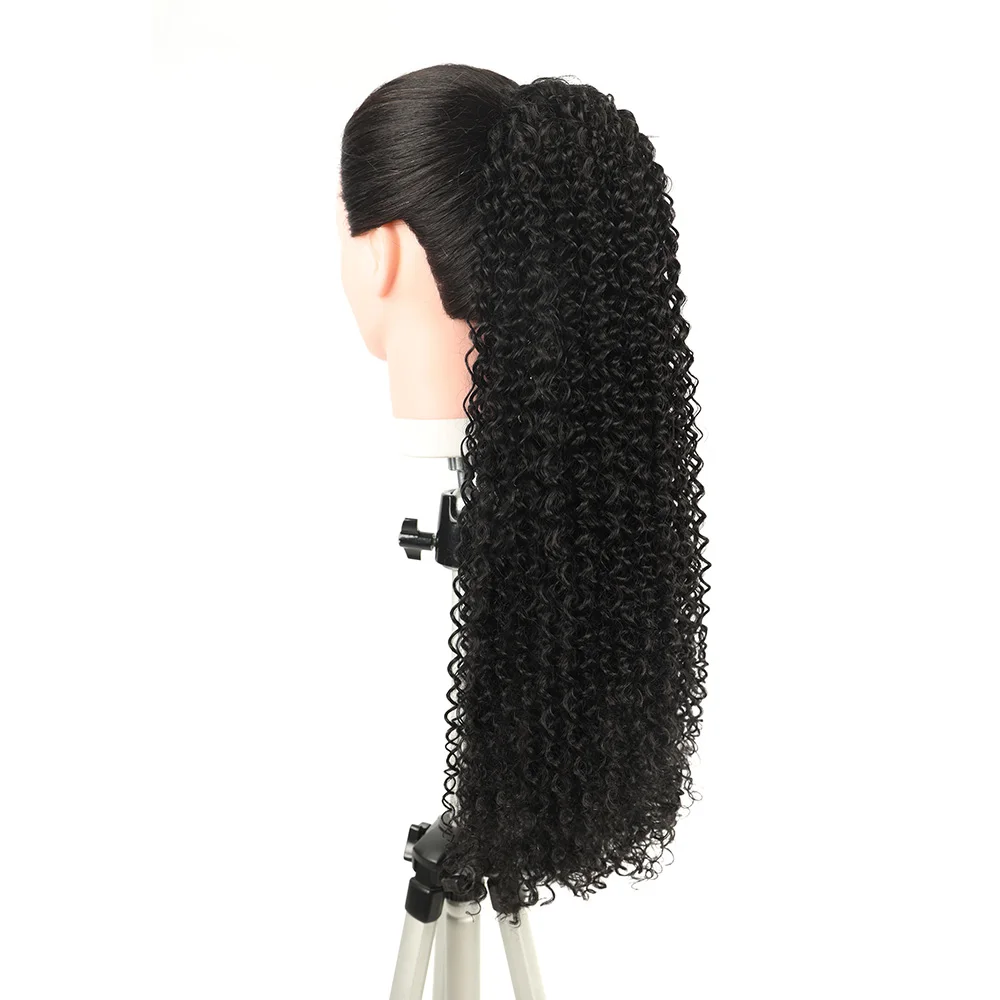 24Inch Kinky Curly Ponytail Soft Synthetic Hair Extension Drawstring Ponytail Hairpieces Black Fake Pony Tail for Women