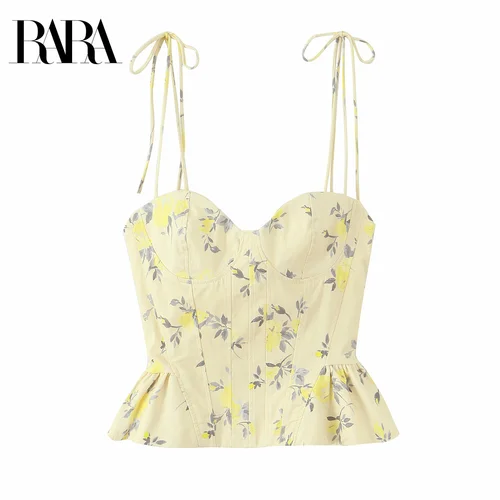 RARA2025 nuevo verano mujer casual moda temperamento ajustado versátil tirantes estampado de flores tops cortos