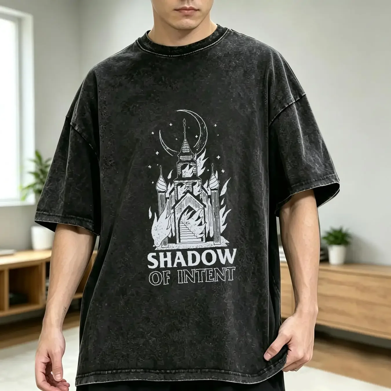 washed T Shirt Men's Shadow Of Intent Burning Church XX Large Black vintage Washed Stretched streetwear Unisex Stylish