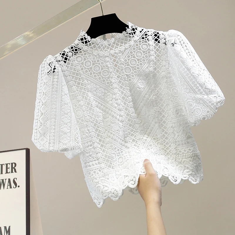 

Модный женский топ с короткими рукавами-фонариками и ажурным кружевом, универсальный, качественный, в корейском стиле