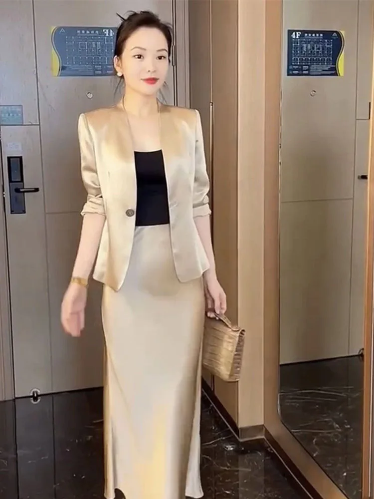 

Trending Fashion Suit Skirt for Women, Summer 2024 New Elegant Acetate Draped Slimming Blazer and Skirt Female Office Lady Set