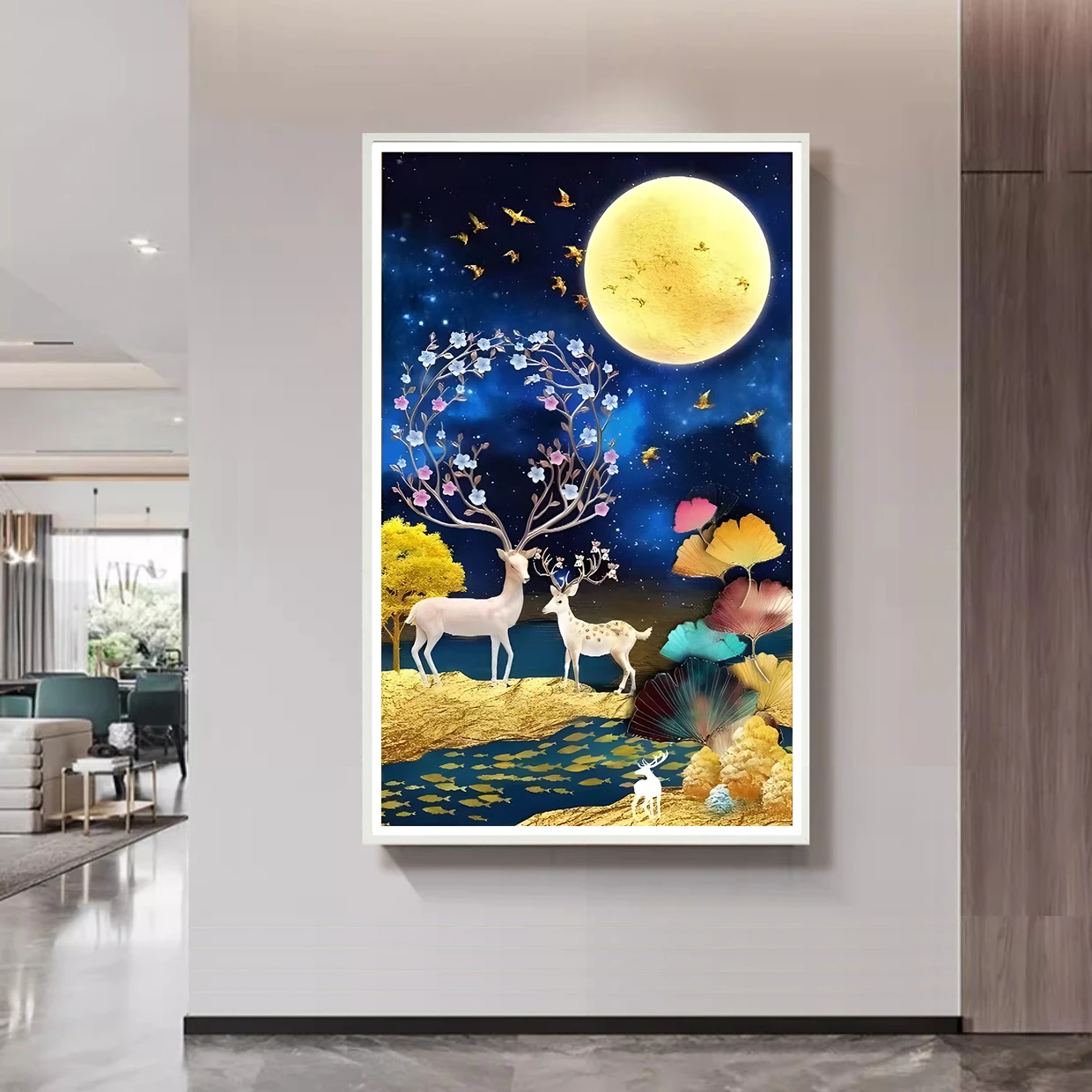 Europäischer Stil Traumhafte Nachtszene mit Hirsch und Sternenhimmel Kreuzstich-Set, Handgemachtes Stickerei-DIY-Materialpaket, Mond und Ginkgo-Baum, Präzisionsdruck,
