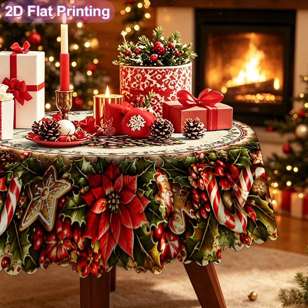 Christmas tree wreath with poinsettia candy print tablecloth, suitable for family dining room arrangements