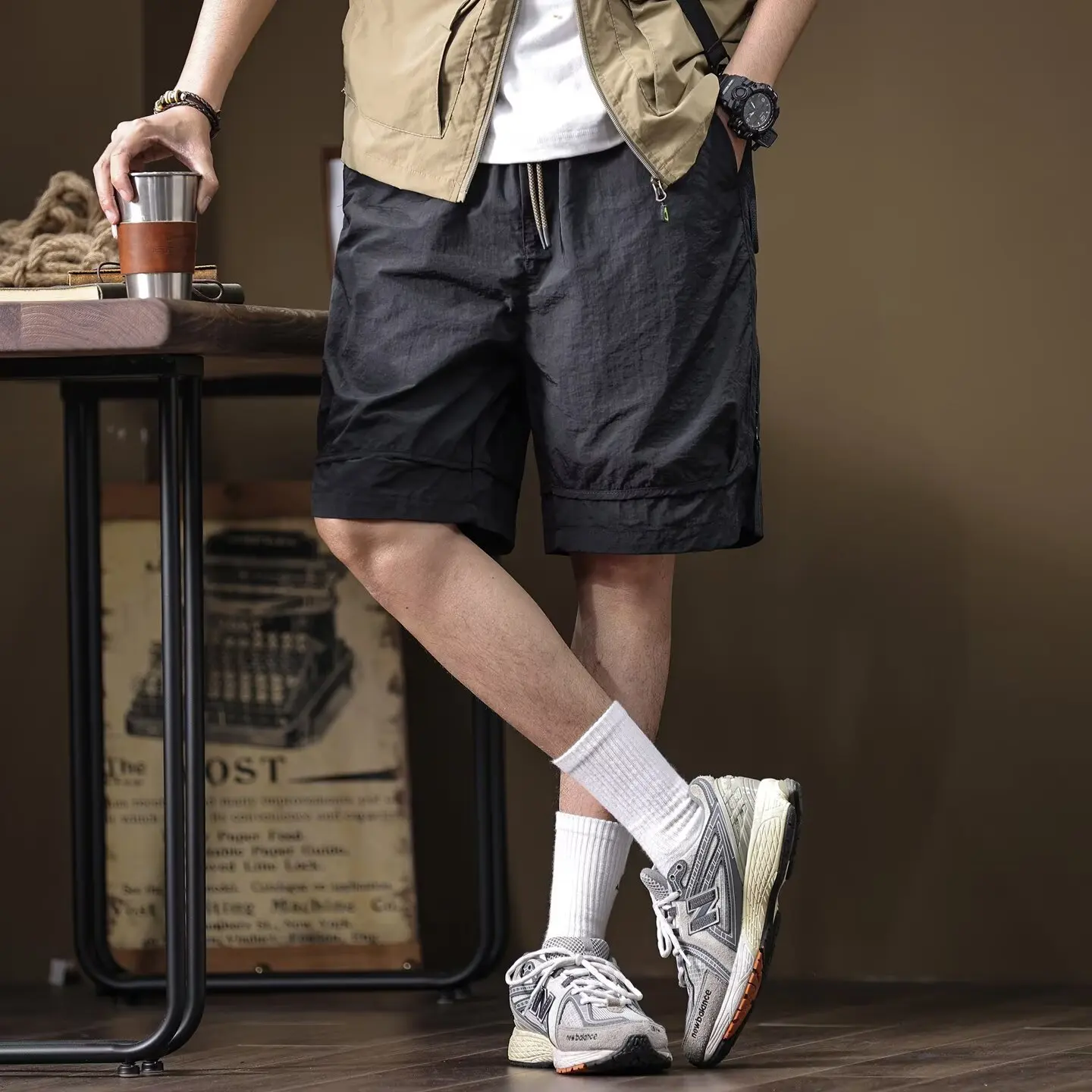 

American Retro Functional Sle Men's Summer Thin Brief Casual orts Loose Fit Large Size with kets Five-Quarter Pants
