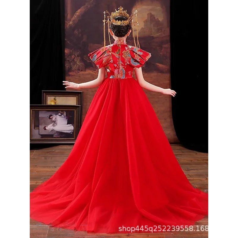 Children's Formal Dress Princess Dress High-end Girls' Fashion Show National Trend Dress Chinese Style Red Tail Small Host Winte