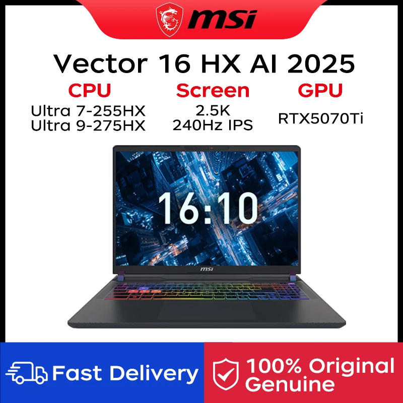 Portátil para Juegos MSI Vector 16 HX AI 2025, Pantalla IPS de 16 Pulgadas 2.5K 240Hz, Netbook Ultra 9-275HX, 32GB, 1TB, RTX5070Ti