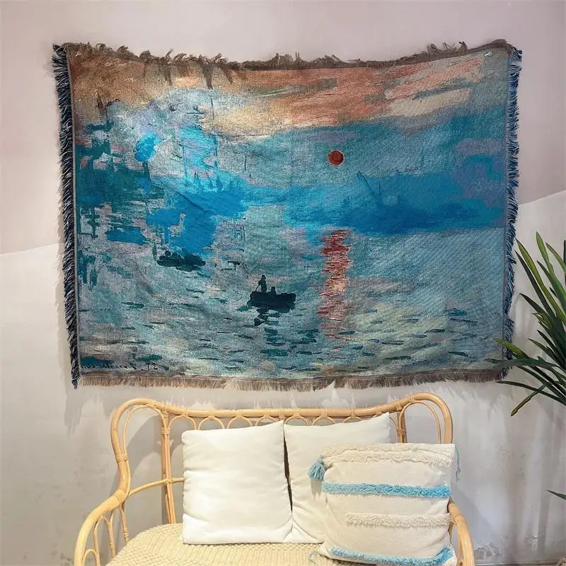 

Monet Oil Painting Water Lily Sunrise Impression Tapestry Bedside Cloth Van Gogh Retro Wheat Field Iris Cover Blanket Sofa Cover