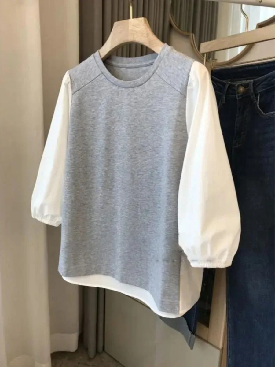 

plus Size Slimming Patchwork Back Design Sweatshirt Loose Fit Conceal Weight Gain Women's Spring Fashion Upper Apparel