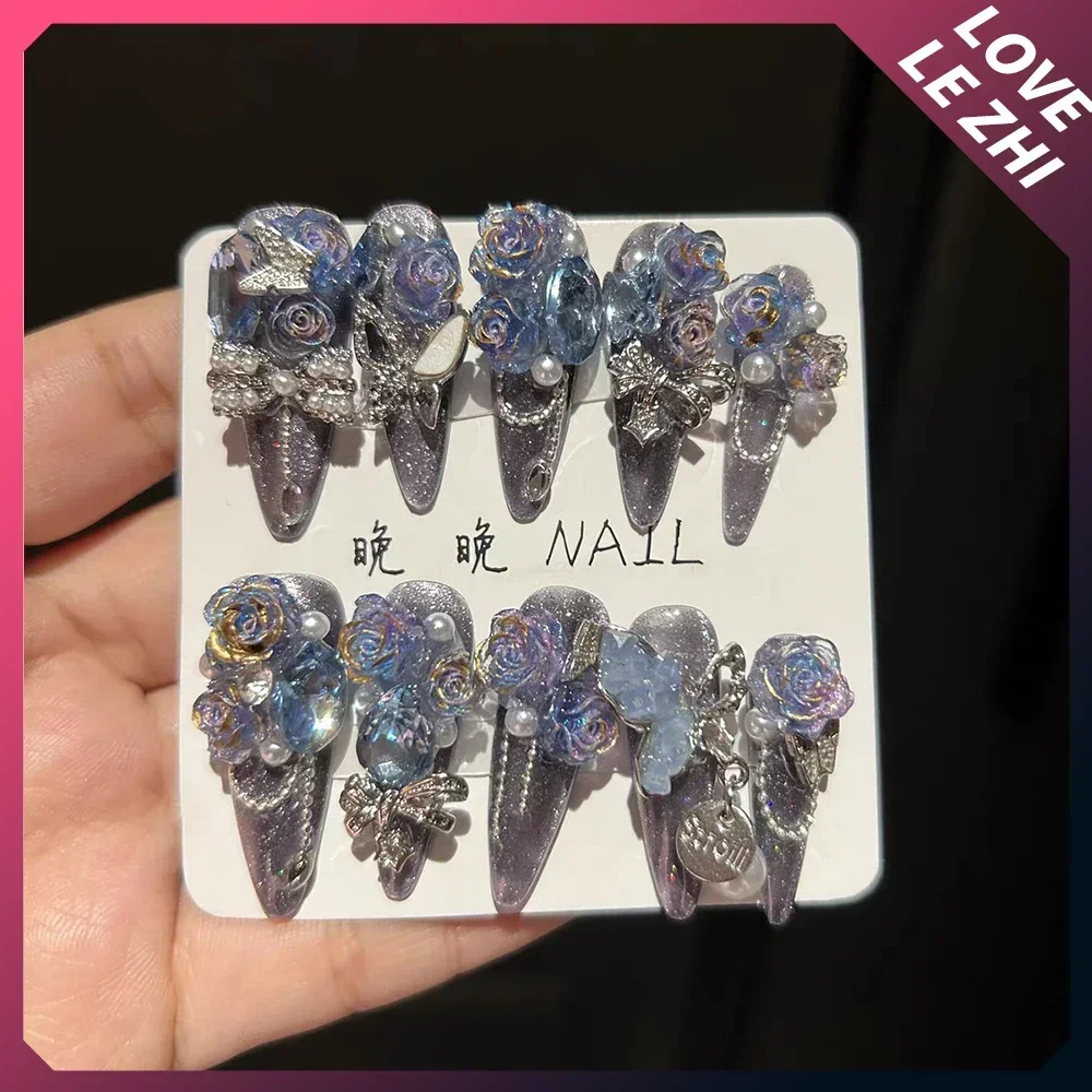 Sparkly 3D Fake Nails Cat Eyes Pure Handmade Carving Rose Pearl Butterfly Luxury Diamond Full Cover Wearable Press On Nails