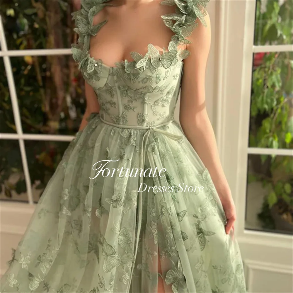 Fortunate Flowers Appliques Tulle Prom Dresses Spaghetti Straps Sweetheart Neck High Side Slit Back Lace Up Evening Gowns 2024