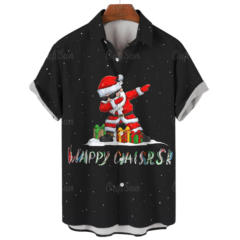 

3D printed short sleeved men's T-shirt, Santa Claus, snow deer, Hawaiian beach style, single breasted, Christmas costume, summer