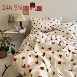 Juego de ropa de cama de estilo coreano para niños y adultos, ropa de cama doble, Sábana plana de tamaño Queen completo, funda nórdica de corazón de amor, funda de almohada, ropa de cama sin relleno