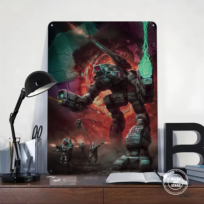 Mech Warrior Battle Scene Battletech Printed Poster Customized Retro Wall Art Vintage Metal Tin Signs for Luxury Decoration Home