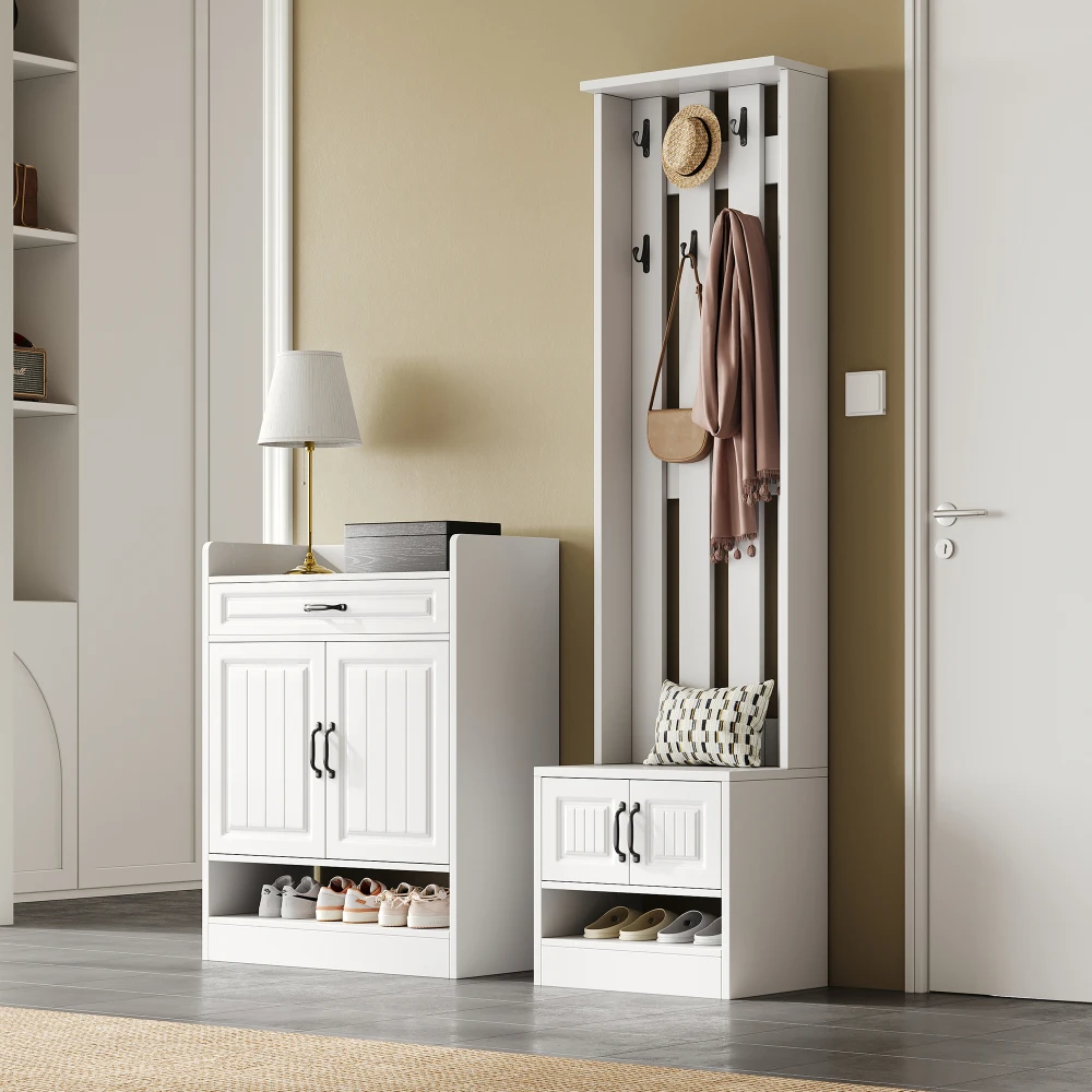PINGGO Garderobenset, Wandschrank mit Schuhregal, 8 Haken, 4 Türen, 1 Schublade, weiße Flurmöbel, 125 x 36 x 190 cm – Detail 9