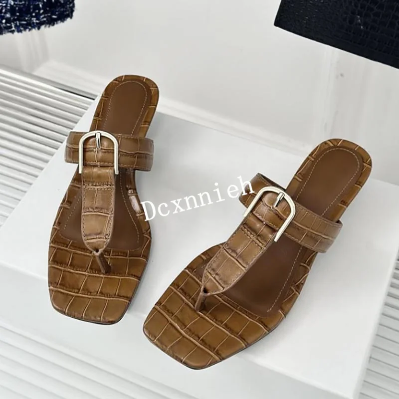 Spring Summer Genuine Leather Square Split Toe Slippers Women Retro Meatl Buckle Decor Kitten Heel Sandals Ladies Party Shoes