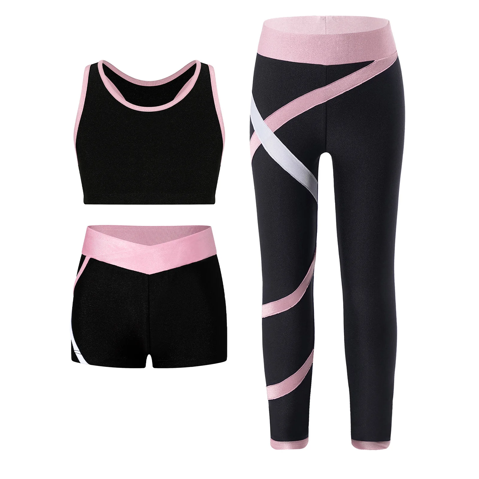 Girls Gymnastics Ballet Dance Outfit Sports Set Racer Sleeveless Crop Top Vest with Pants Shorts Fitness Suit for Cycling Hiking