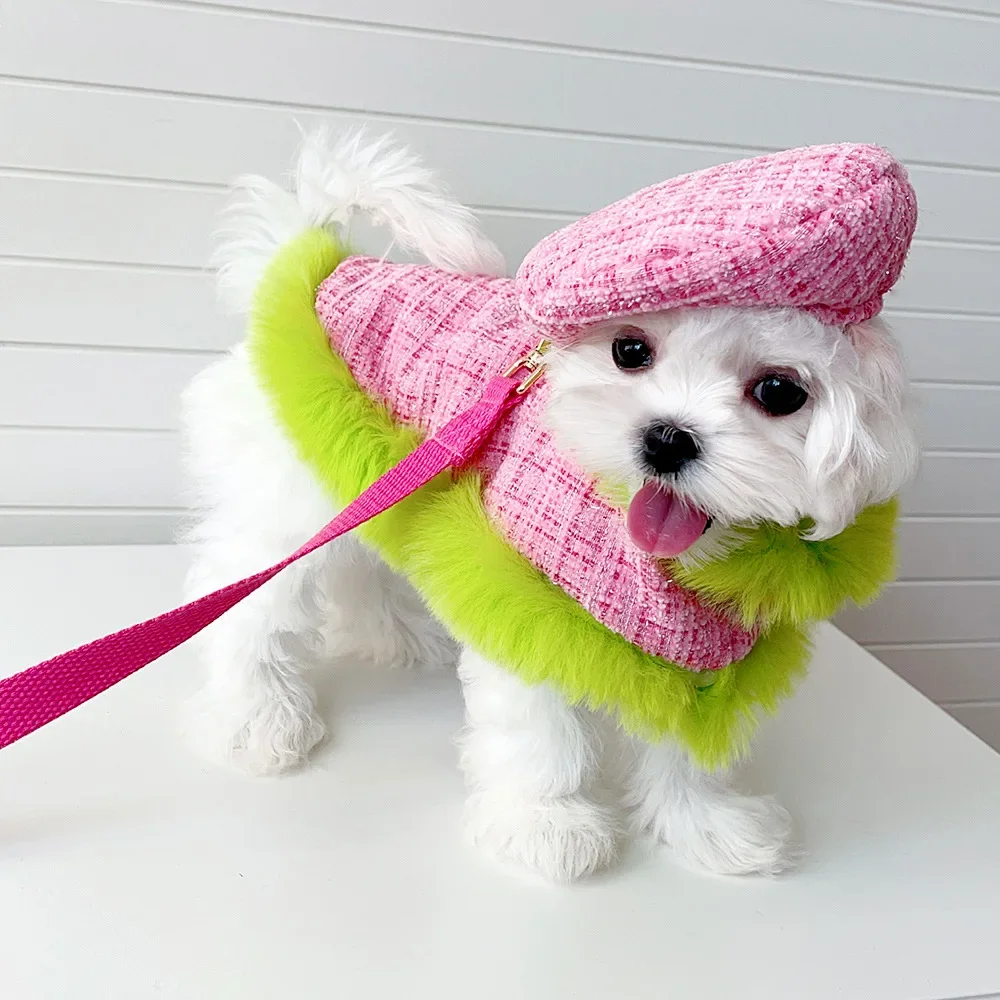 Pet Autumn Winter Clothes Dogs Harness Leads And Hat Dog Cloak Style Traction Strap Dog Harnesses  Warm Clothes Outfit