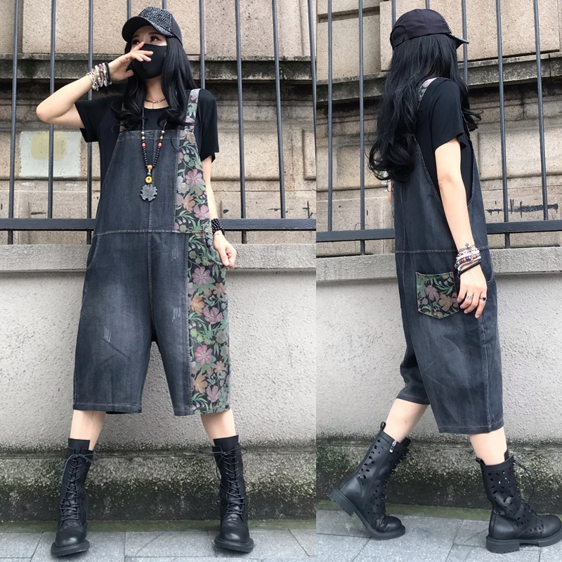 

Лето 2024, широкий джинсовый комбинезон с высокой талией, повседневные прямые комбинезоны с принтом, винтажные свободные джинсы в европейском стиле