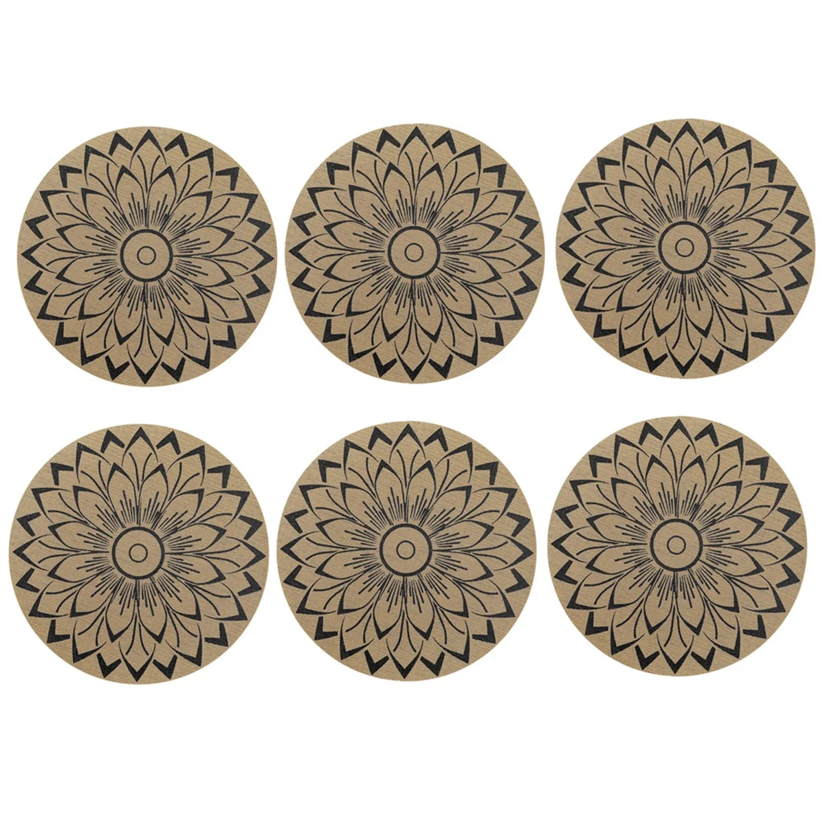 A11I 6pcs Black Round Flower Insulation Pad Boho Flower Print Place Non Slip Stain Mats Wipeable Pad