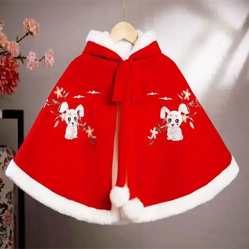 Winter Thicker Hanfu Cloak Baby Girls Children`s 2023 Chinese New Year Costume Red Pink Thicked Hanfu Cloak Cape Kids 3T -11T