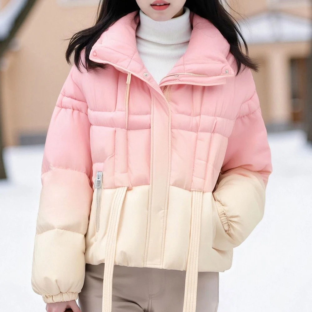 แฟชั่นต่างประเทศมาแรง ชุดผ้าฝ้ายสีชมพู โดพามีน ฤดูหนาว 2025 เสื้อโค้ทอเนกประสงค์แบบหนา