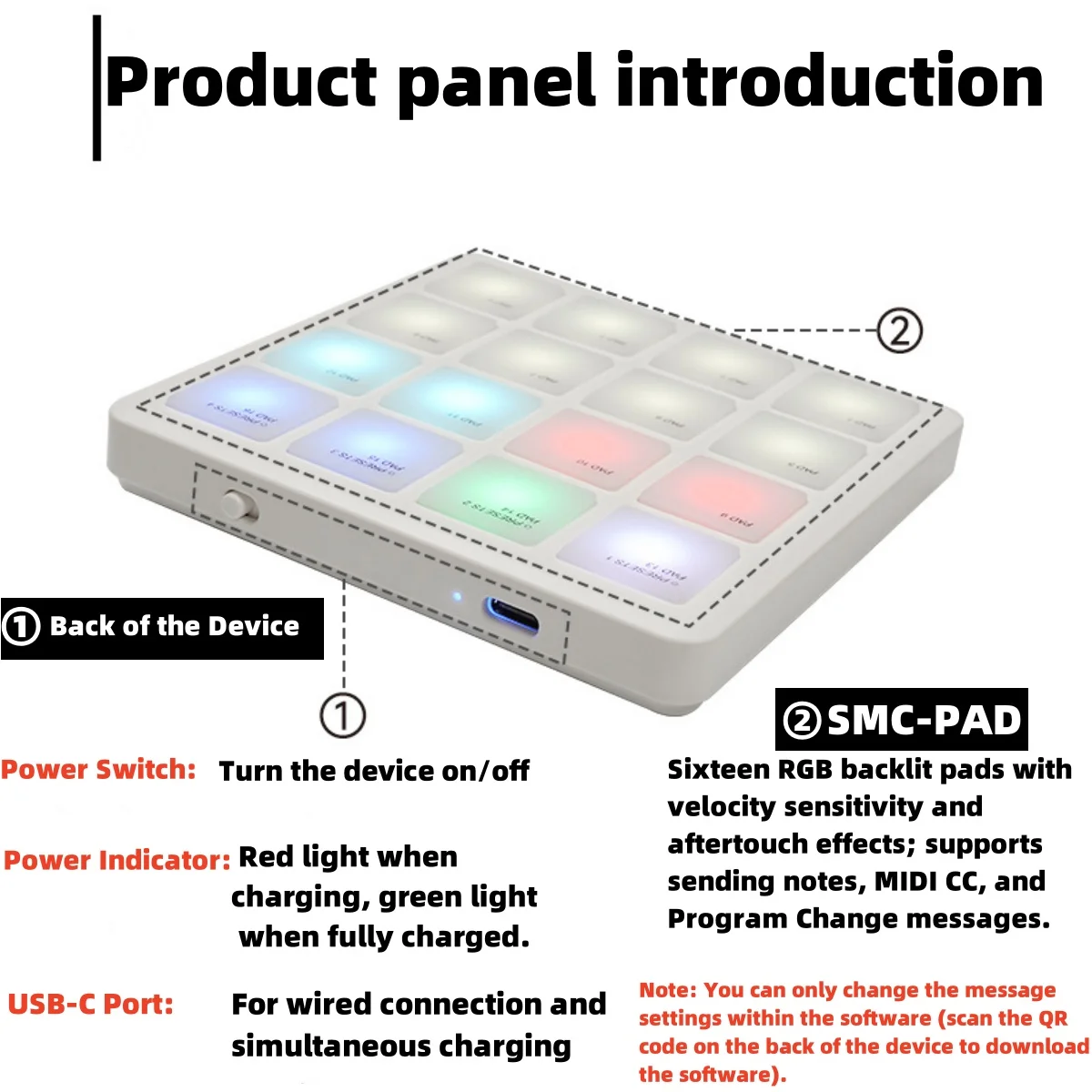 وسادات تحكم MIDI لاسلكية M-VAVE SMC-PAD، وحدة تحكم MIDI محمولة ببطارية قابلة لإعادة الشحن مع 16 وسادات طبل MPC للمبتدئين