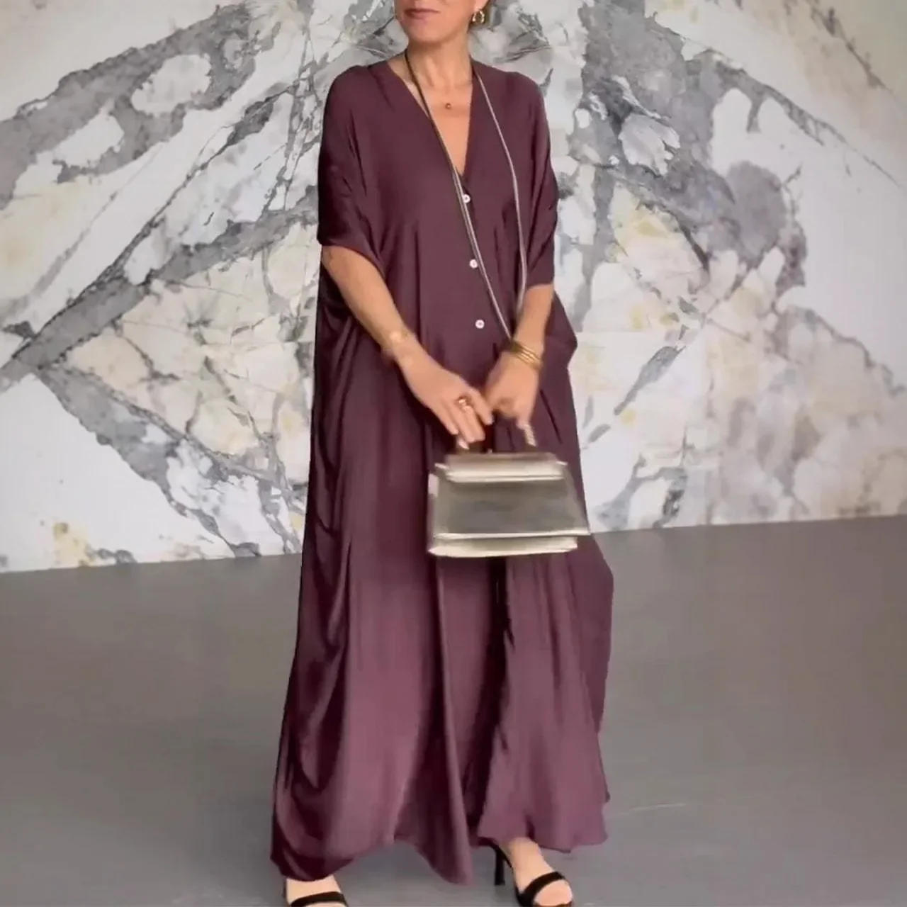 فستان ماكسي كاجوال بصدر واحد للنساء، فساتين نسائية طويلة فضفاضة برقبة على شكل حرف V وأكمام تشبه جناح الخفّاش #2