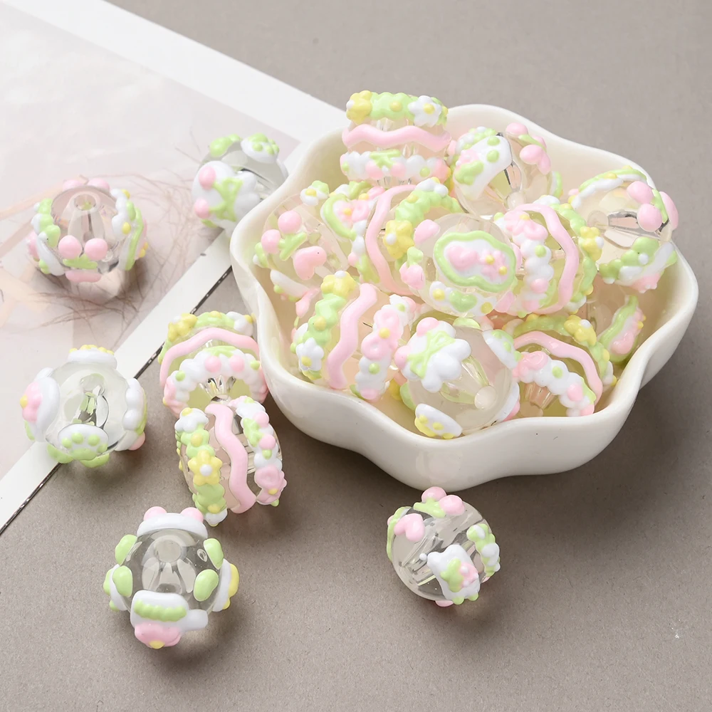 10Pcs 15mm Resin Clear Beads Cream-colored Hand-drawn Round Loose Beads for DIY Pacifier Chain Dummy Holder Accessories