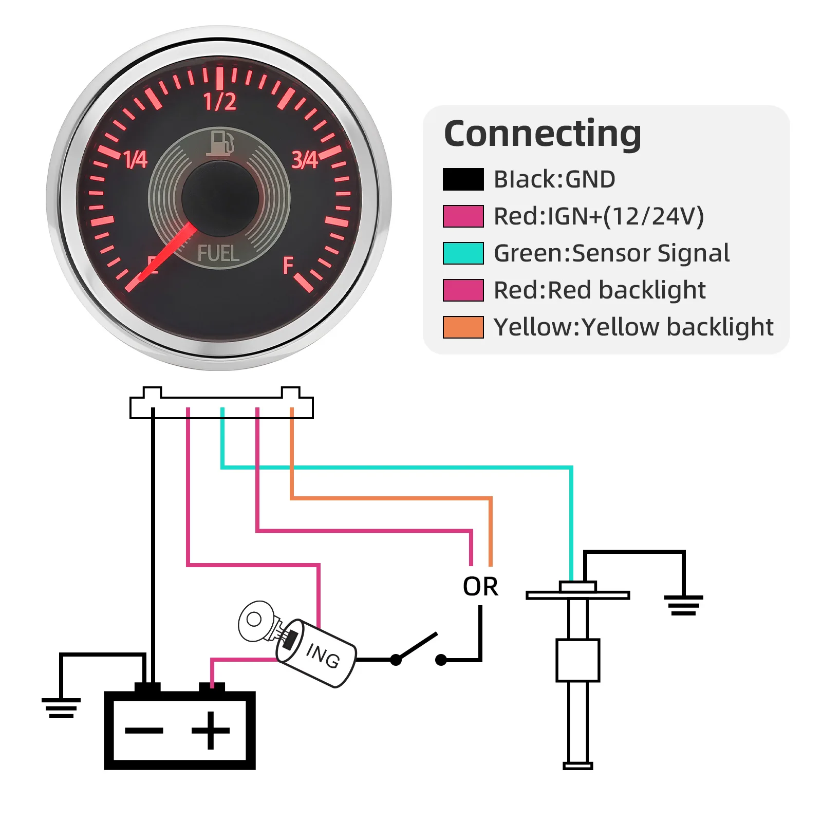 52mm Water Temperature Gauge Oil Pressure Voltage Fuel Level Meter 12V 24V for Auto Boat with 2 Colors Backlights
