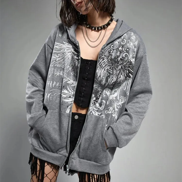 

Gaono E-girl Gothic Dark Academia Sweatshirts Grunge Punk Wings Graphic Zip Up Hoodie Y2K Aesthetic Mall Goth Coat Harajuku