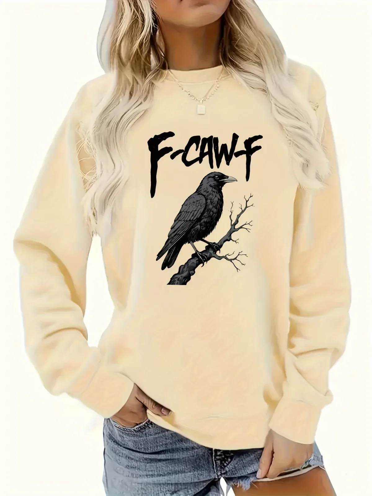

Женская готическая толстовка с буквенным принтом, мягкий и дышащий пуловер с круглым вырезом, дизайн вороны и крылышки летучей мыши F.C.R.A.W. Надписи