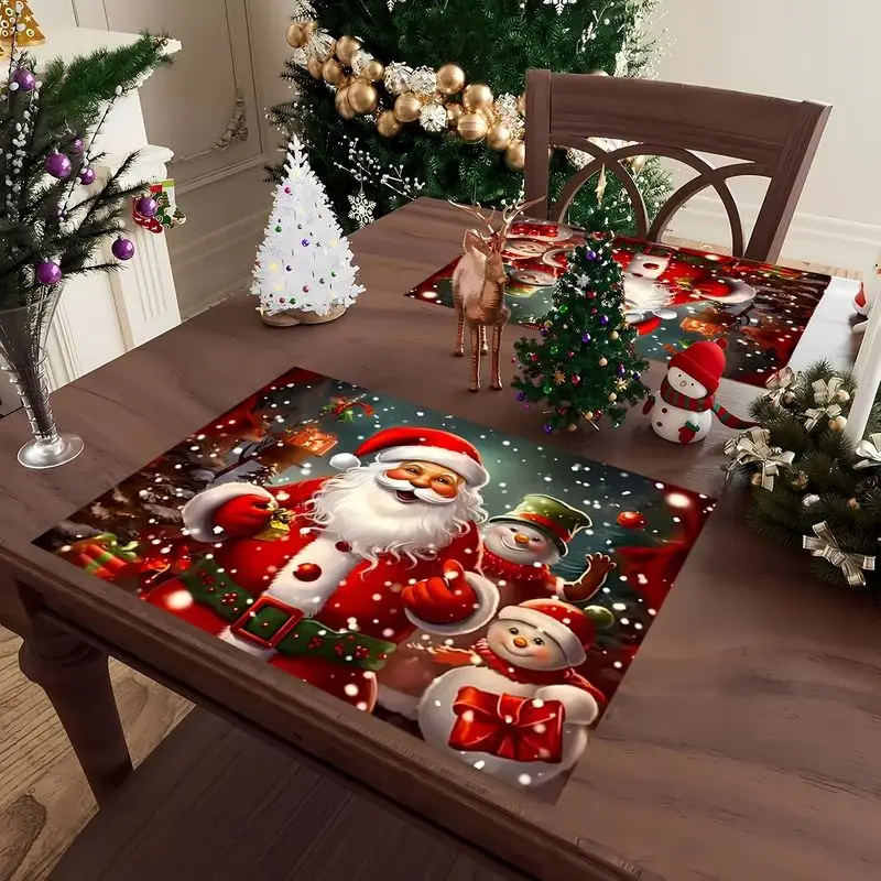 VIKAMA 2/4/6Pcs Winter Christmas Placemats Santa Snowman Gift Snowflake Printed Washable Dining Table Mats Holiday Home Decor