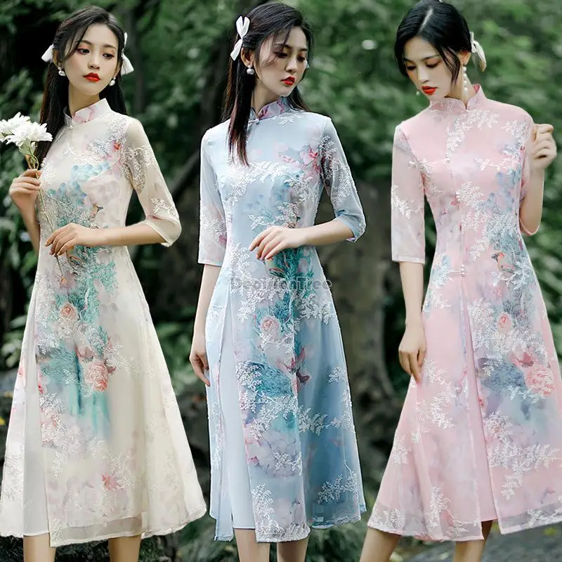 

Летнее шифоновое элегантное платье ao dai, qipao, платье с восточным принтом, qipao, вьетнамская одежда, Ципао с коротким рукавом Вечерние вечернее платье