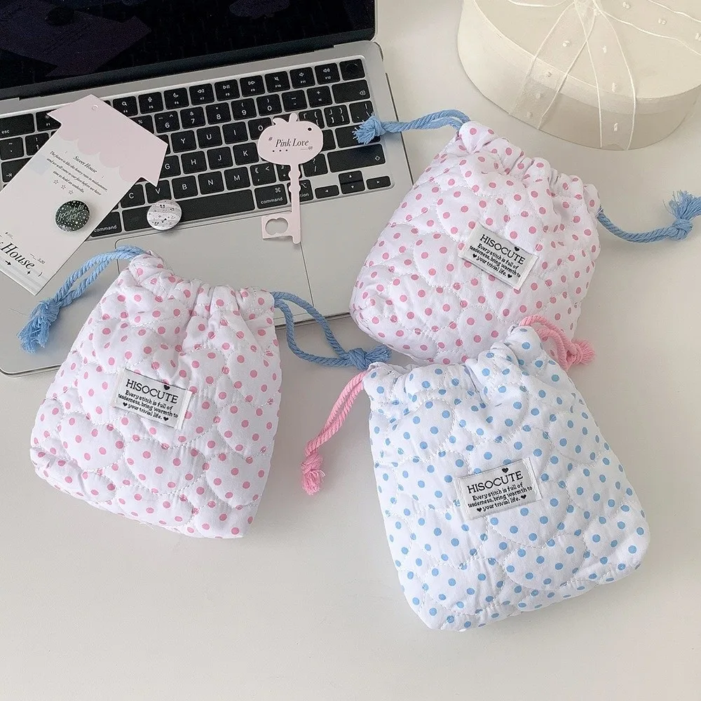 Portable Polka Dot Pattern Cosmetic Bag Soft Cotton Multipurpose Makeup Pouch Quilted Small Storage Pouch Women