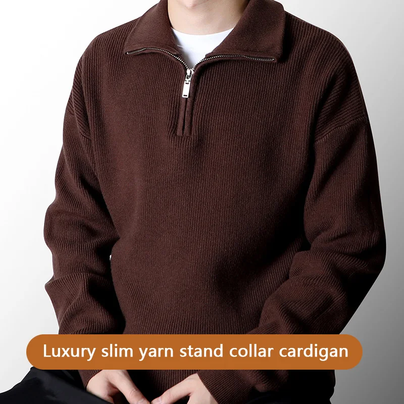 

Half zip stand collar sweater men autumn winter lazy knit pullover men's lapel thick loose top trend